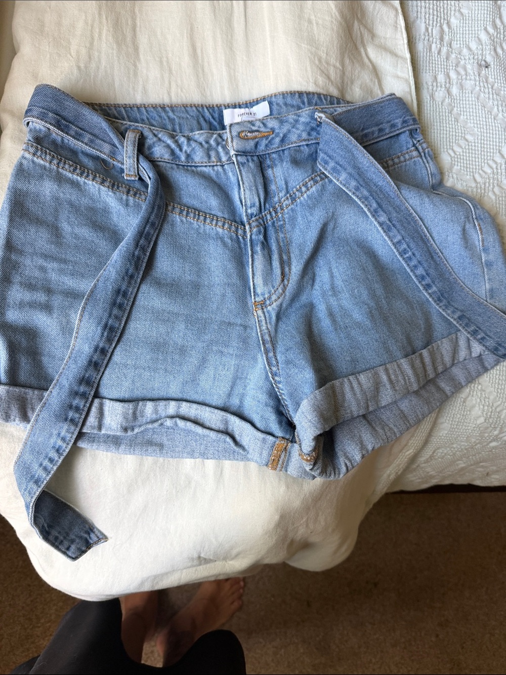 Forever 21 Light Blue High-Rise Denim Shorts with Self-Tie Belt